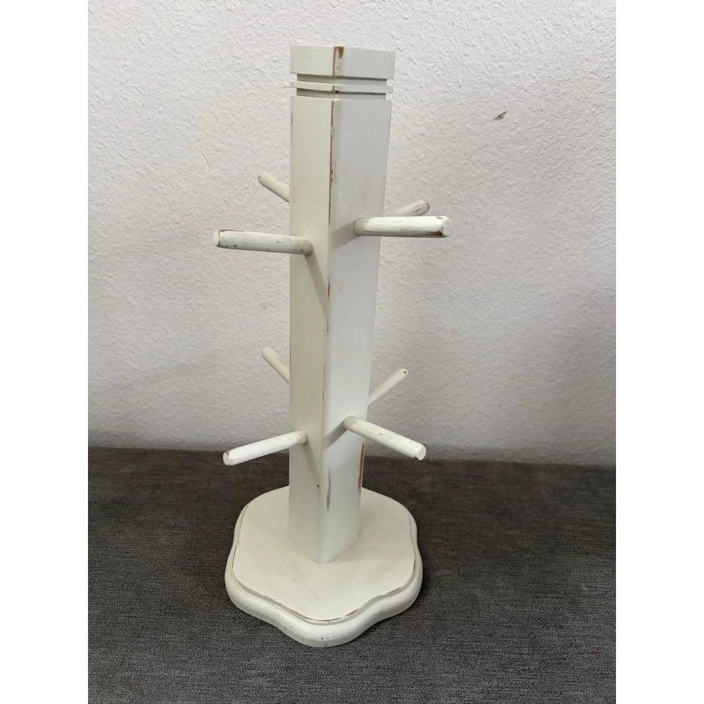 Vintage Shabby Chic Distressed White Wood Coffee Mug Tree Kitchen Decor 8 Peg